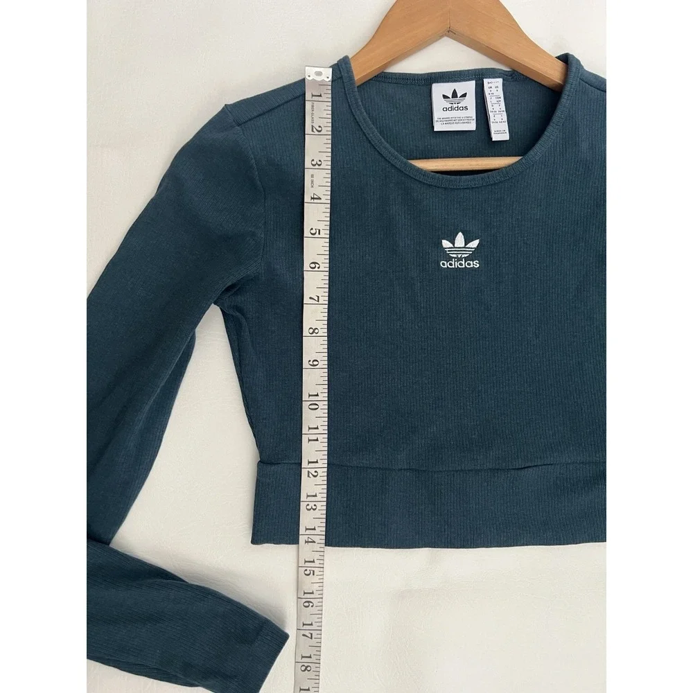 Adidas Ribbed Long Sleeve T-Shirt Teal Green Cropped Athleisure Sporty Casual - Picture 11 of 11